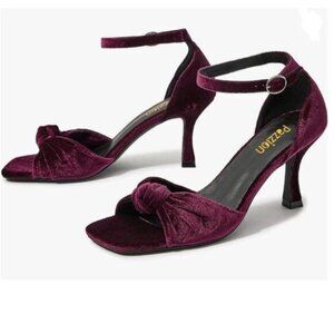 Pazzion Purple Bows Square Toe Sandals Velvet High Heel Adjustable Ankle Strap